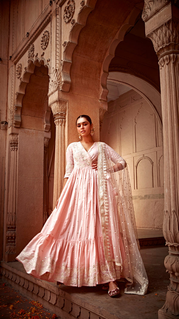 Blush Pink Flower Angrakha with Embroidered dupatta