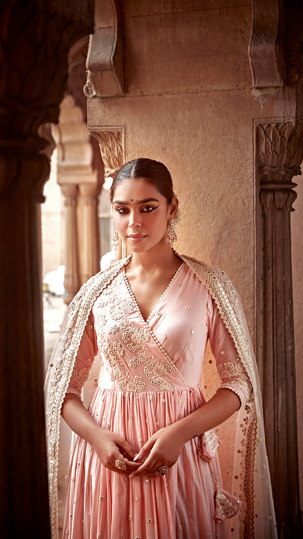 Blush Pink Flower Angrakha with Embroidered dupatta