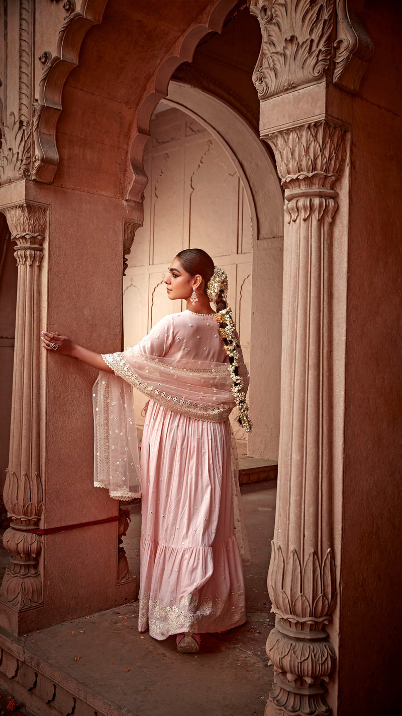 Blush Pink Flower Angrakha with Embroidered dupatta