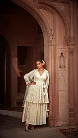 Off White Double Layer All Over Barfi Embroided Angrakha