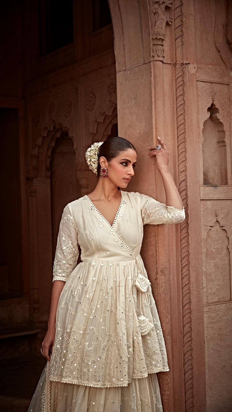 Off White Double Layer All Over Barfi Embroided Angrakha
