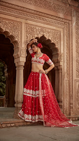 Red Diamond Lehenga with Embroidered Dupatta