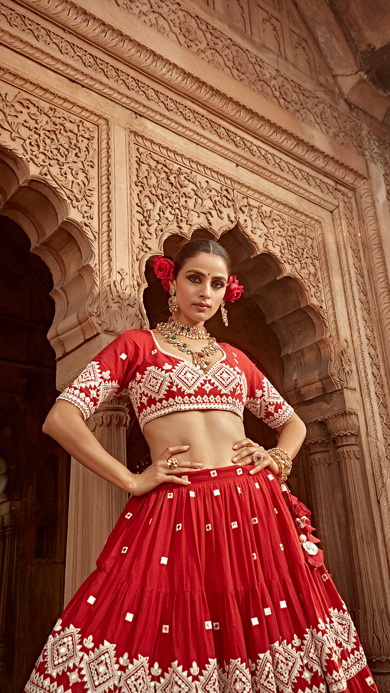 Red Diamond Lehenga with Embroidered Dupatta