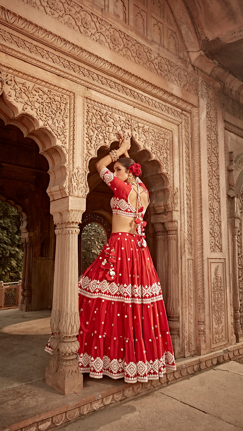 Red Diamond Lehenga with Embroidered Dupatta