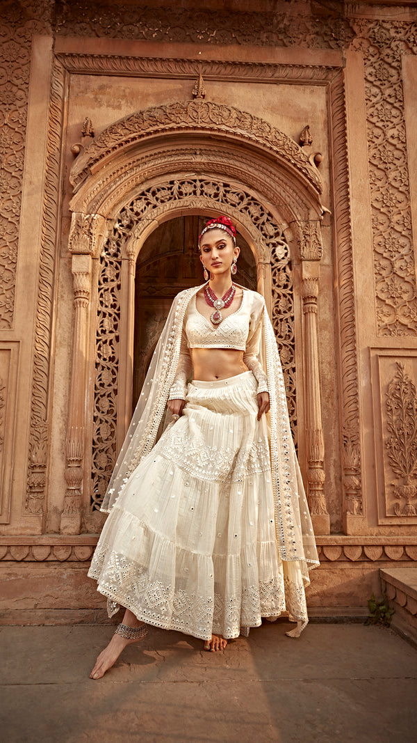 Off White Diamond Lehenga with Embroidered Dupatta