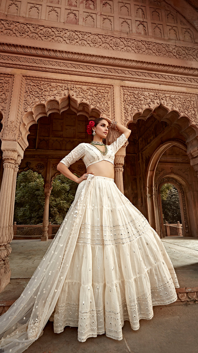 Off White All Three Lehenga with Embroidered Dupatta