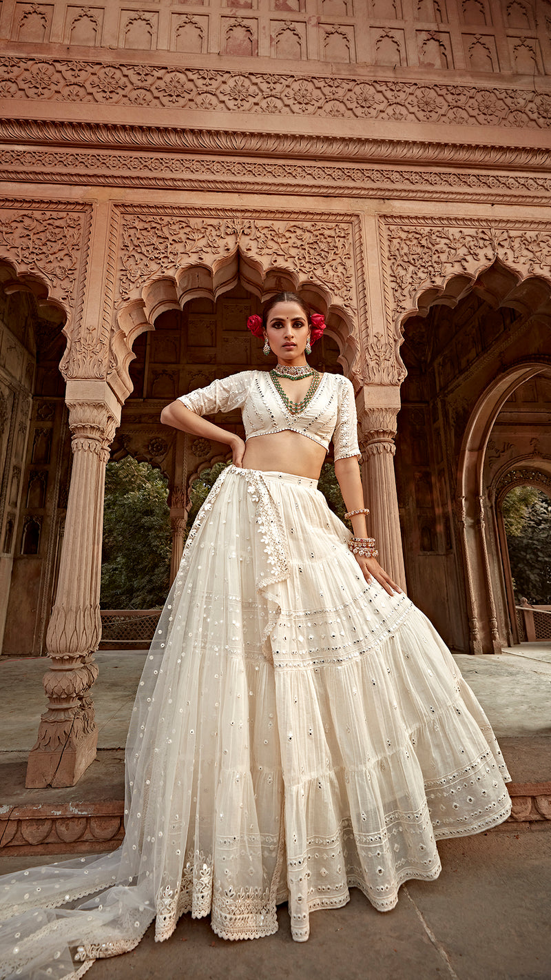 Off White All Three Lehenga with Embroidered Dupatta