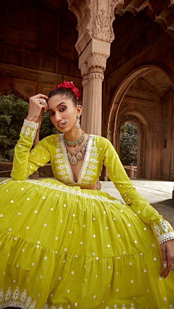 Neon Green Triangle Lehenga with Embroidered Dupatta