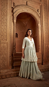 Ice Blue Double Layer All Over Barfi Embroided Angrakha