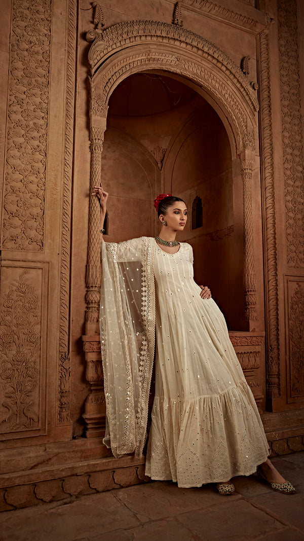 Off White Barfi Anarkali With Embroidered Dupatta