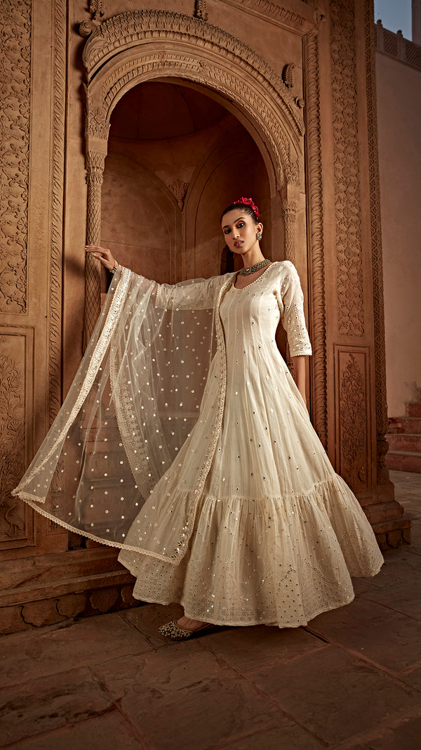 Off White Barfi Anarkali With Embroidered Dupatta