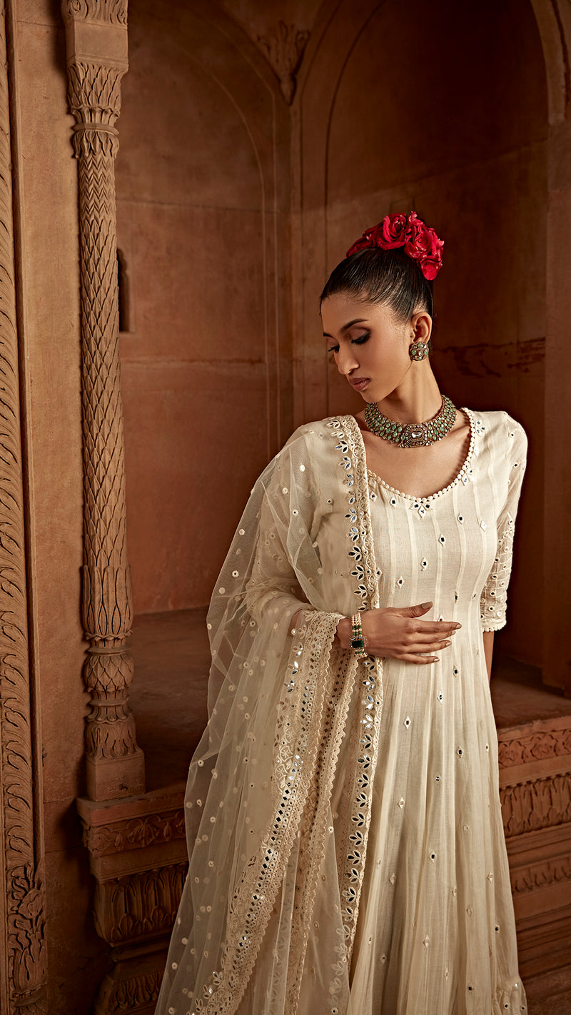 Off White Barfi Anarkali With Embroidered Dupatta