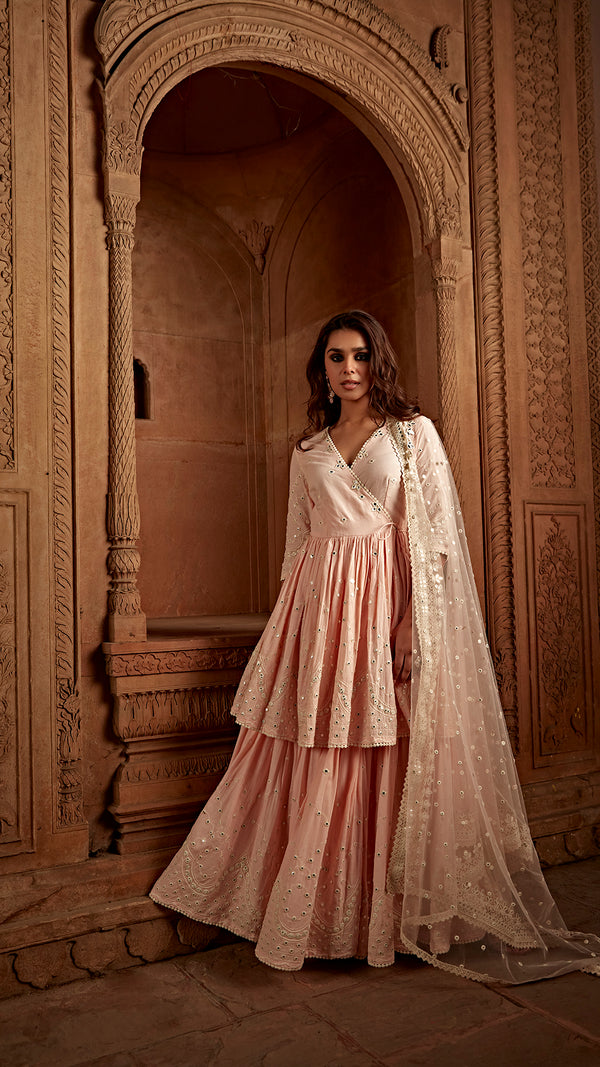 Blush Pink Double Layer All Over Barfi Embroided Angrakha