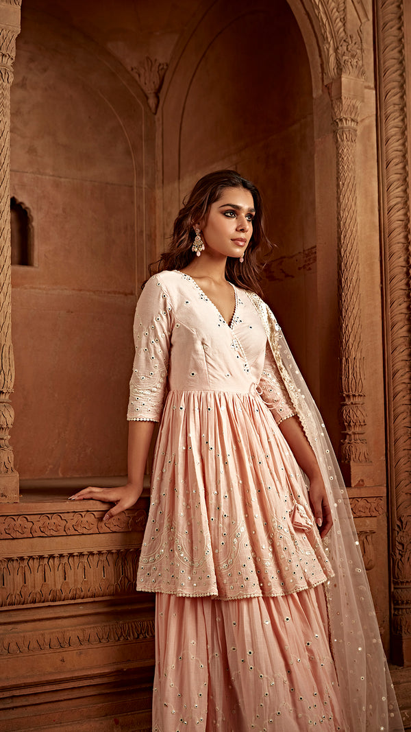 Blush Pink Double Layer All Over Barfi Embroided Angrakha