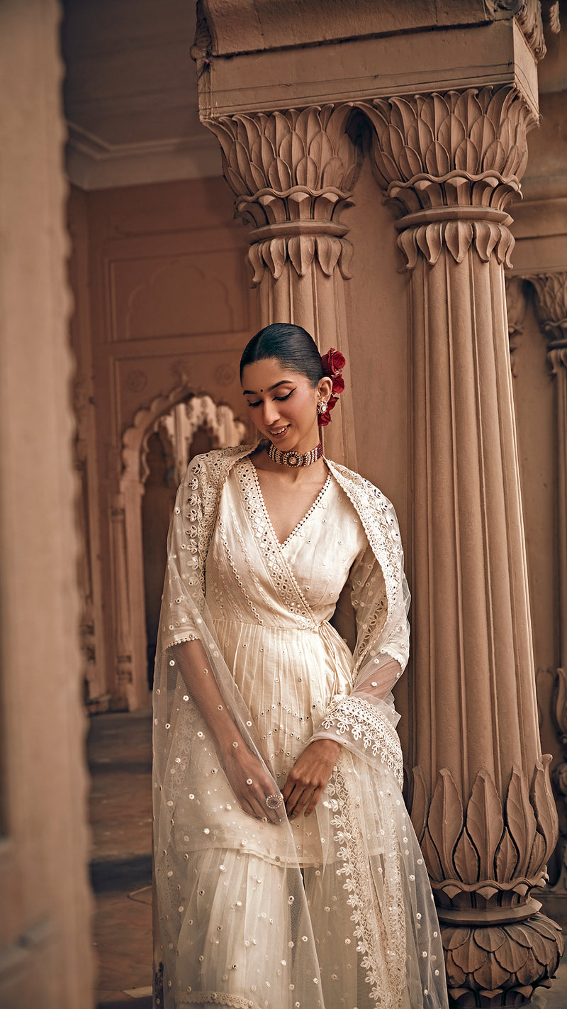 Off White All Over Zig Zag Peplum Sharara