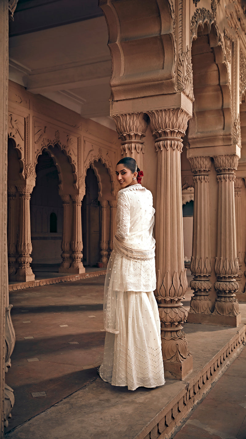Off White All Over Zig Zag Peplum Sharara