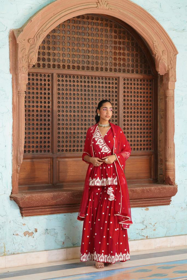 Red Temple Peplum Sharara