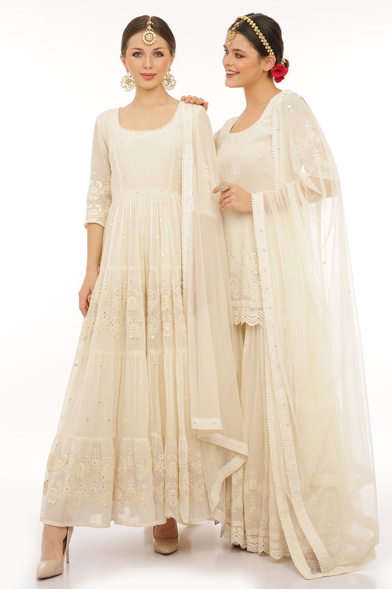 Off White 4 Tier Flower Embroidered Anarkali with Dupatta