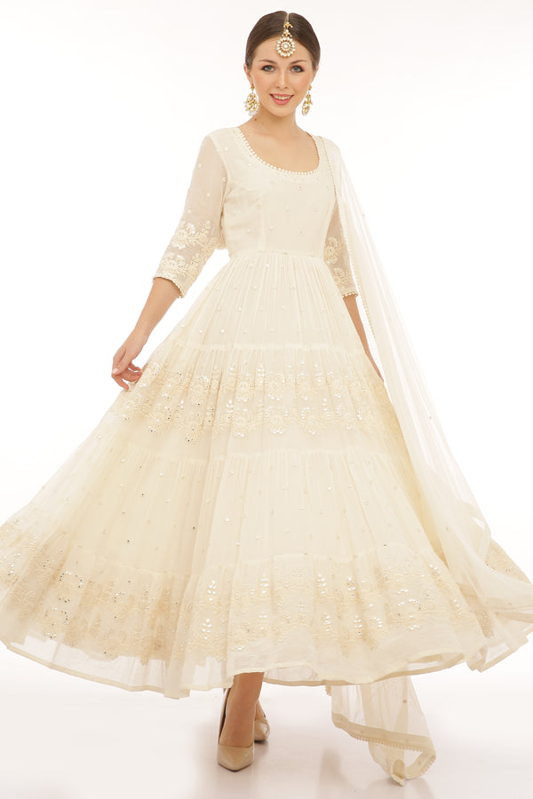 Off White 4 Tier Flower Embroidered Anarkali with Dupatta