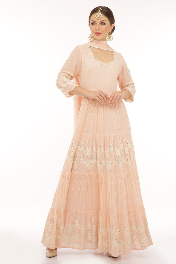 Blush Pink 4 Tier Flower Embroidered Anarkali with Dupatta