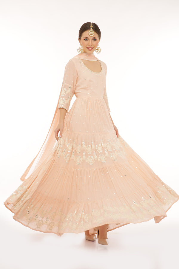 Blush Pink 4 Tier Flower Embroidered Anarkali with Dupatta