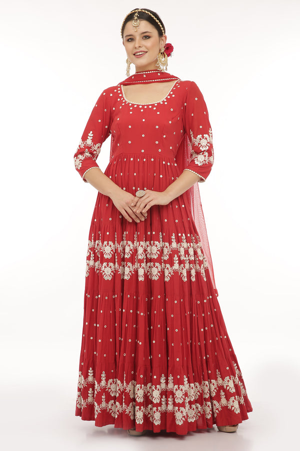 Red 4 Tier Flower Embroidered Anarkali with Dupatta