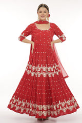 Red 4 Tier Flower Embroidered Anarkali with Dupatta