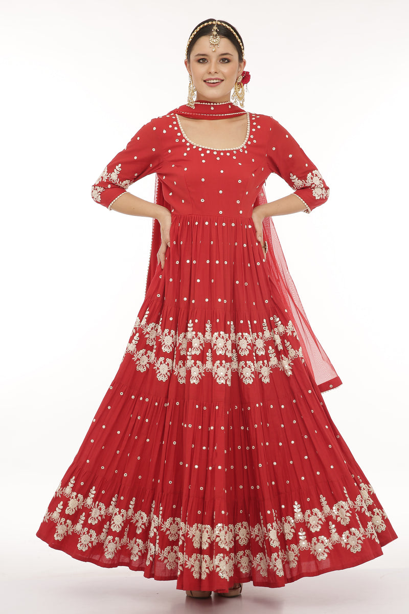 Red 4 Tier Flower Embroidered Anarkali with Dupatta