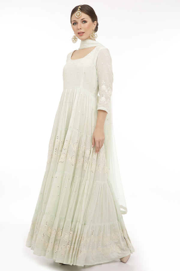 Mint 4 Tier Flower Embroidered Anarkali with Dupatta