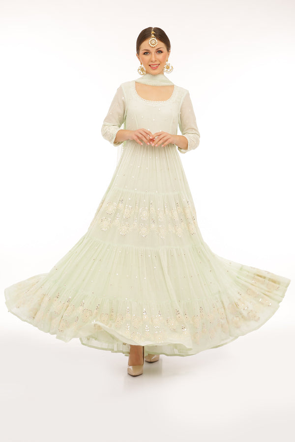 Mint 4 Tier Flower Embroidered Anarkali with Dupatta