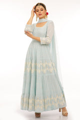Ice Blue 4 Tier Flower Embroidered Anarkali with Dupatta