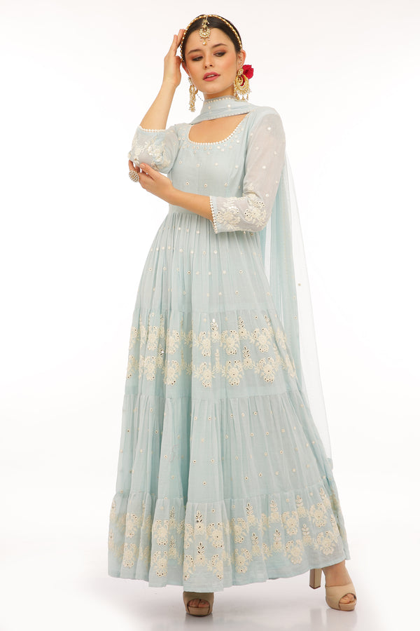 Ice Blue 4 Tier Flower Embroidered Anarkali with Dupatta