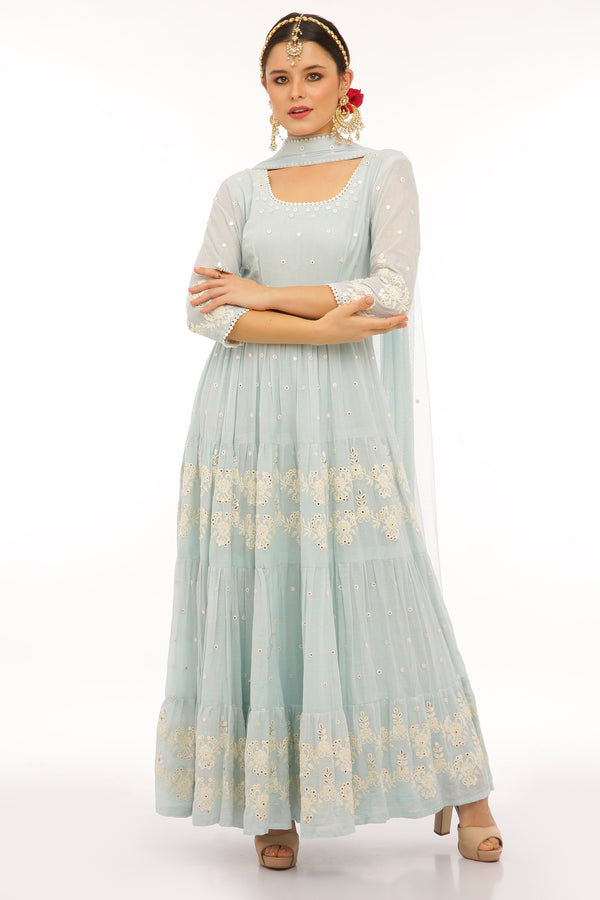 Ice Blue 4 Tier Flower Embroidered Anarkali with Dupatta