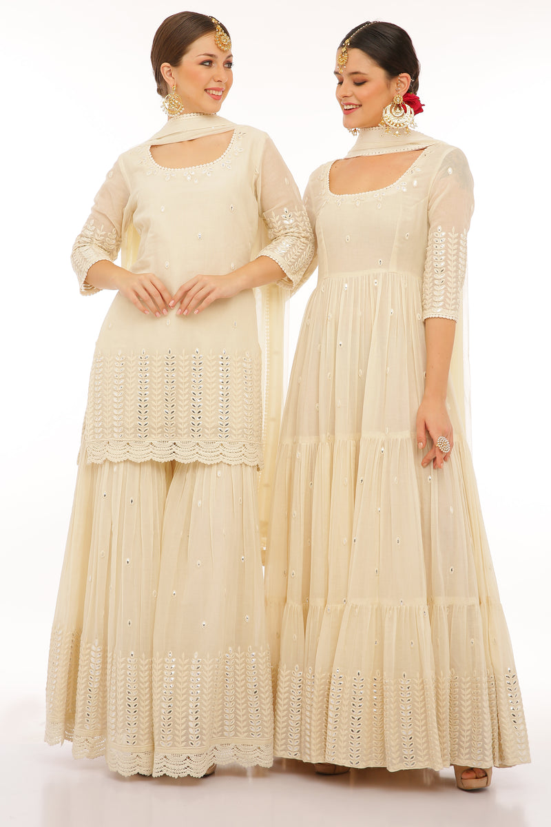 Off White 4 Tier Leaf Embroidered Anarkali with Dupatta