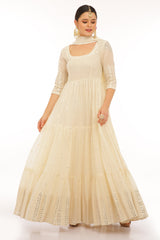 Off White 4 Tier Leaf Embroidered Anarkali with Dupatta