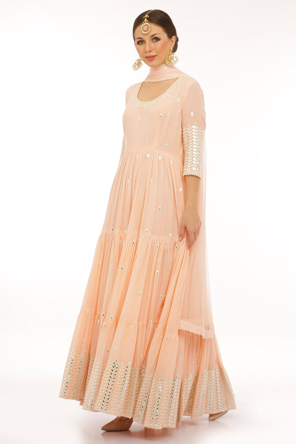 Blush Pink 4 Tier Leaf Embroidered Anarkali with Dupatta