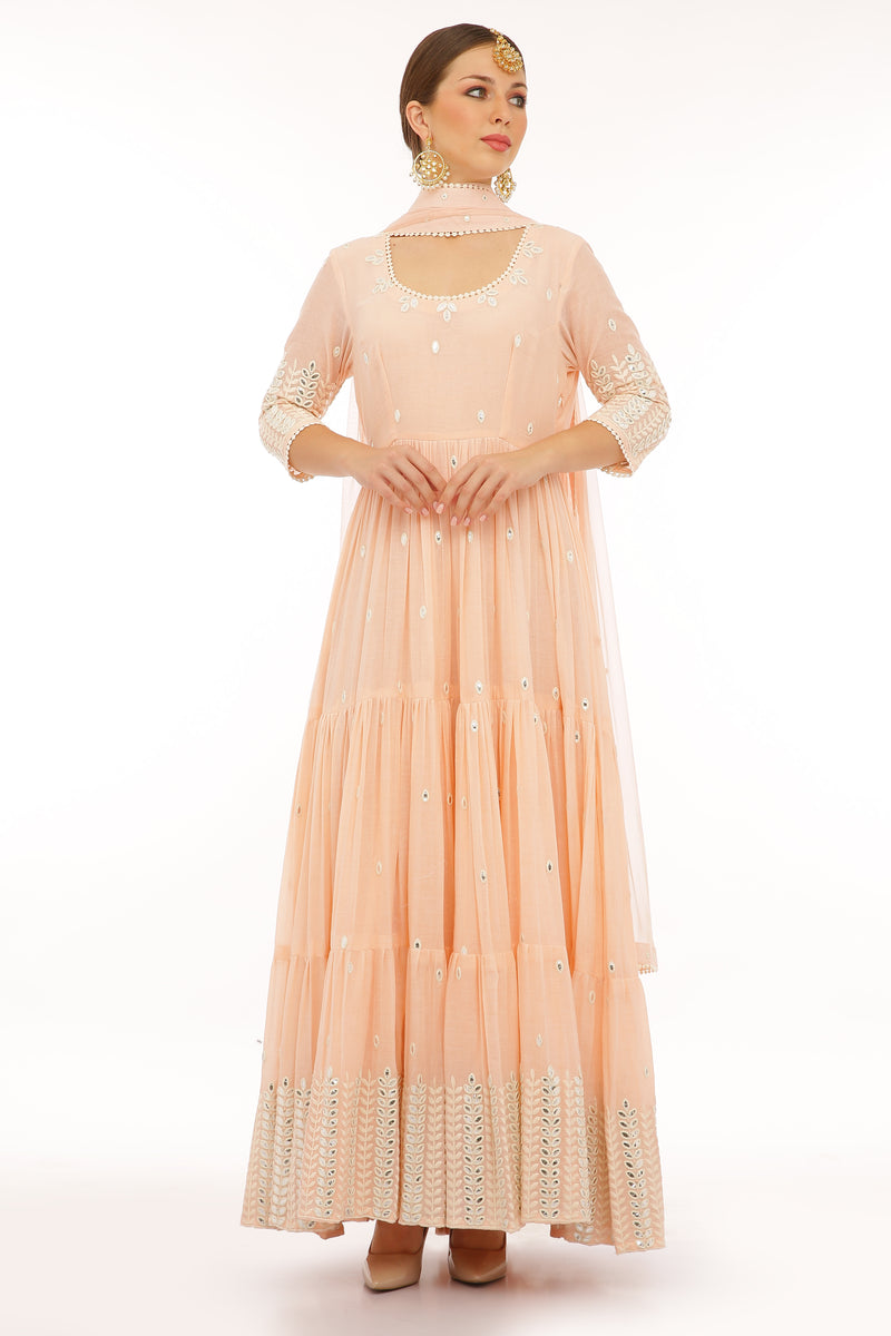Blush Pink 4 Tier Leaf Embroidered Anarkali with Dupatta