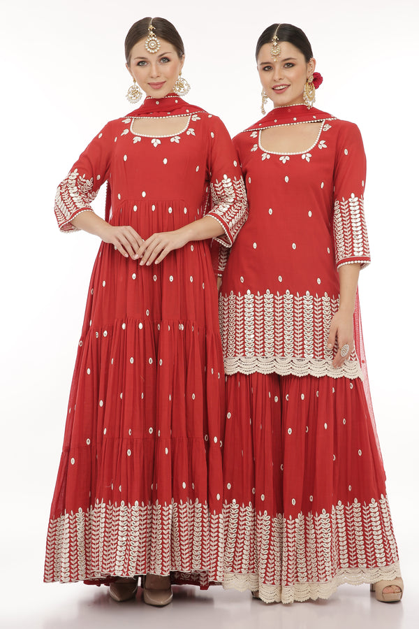 Red 4 Tier Leaf Embroidered Anarkali with Dupatta