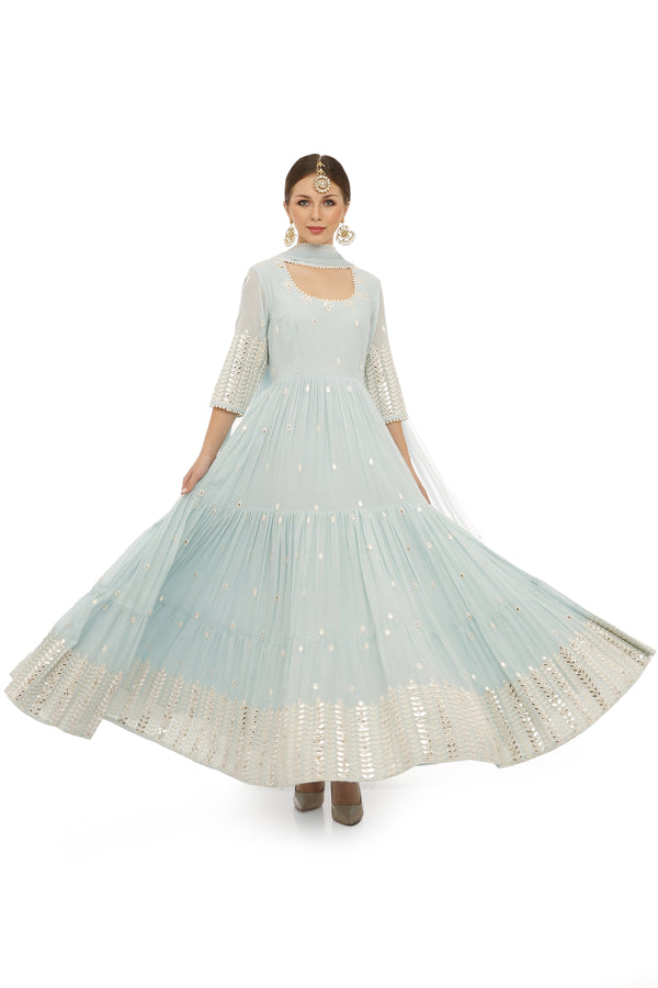 Ice Blue 4 Tier Leaf Embroidered Anarkali with Dupatta