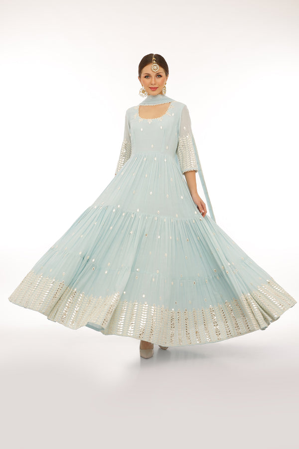 Ice Blue 4 Tier Leaf Embroidered Anarkali with Dupatta