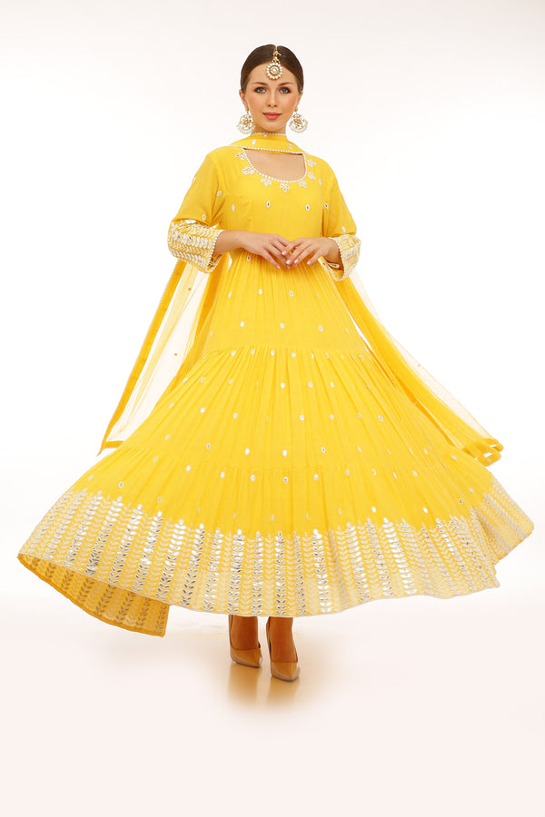 Yellow Leaf Embroidered Anarkali with Dupatta