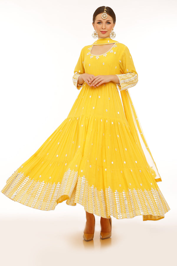 Yellow Leaf Embroidered Anarkali with Dupatta