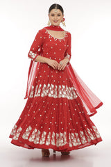Red Lotus 4 Tier Embroidered Anarkali with Dupatta