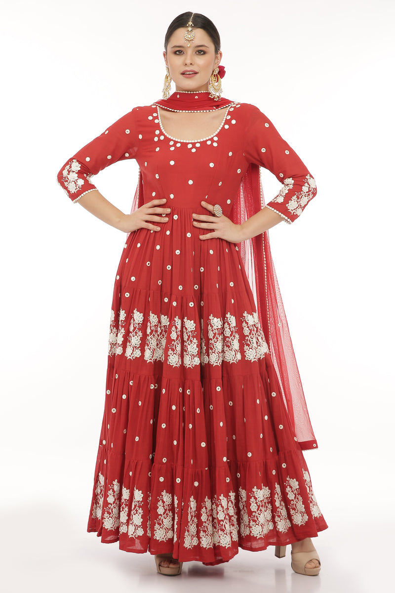 Red Lotus 4 Tier Embroidered Anarkali with Dupatta