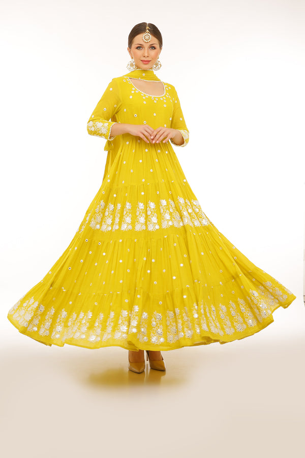 Neon Green Lotus 4 Tier Embroidered Anarkali with Dupatta