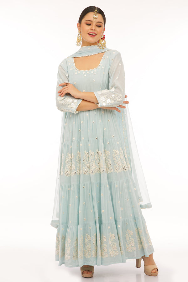 Ice Blue Lotus 4 Tier Embroidered Anarkali with Dupatta