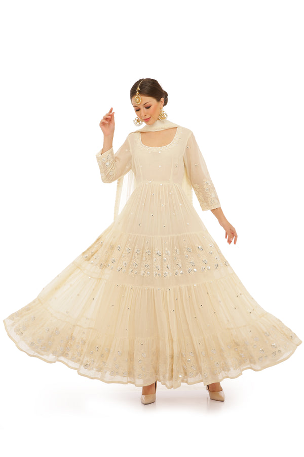 Off White Lotus 4 Tier Embroidered Anarkali with Dupatta