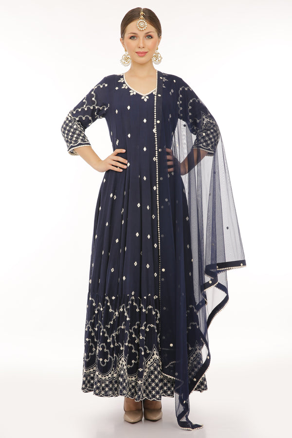 Indigo Barfi Anarkali With Dupatta