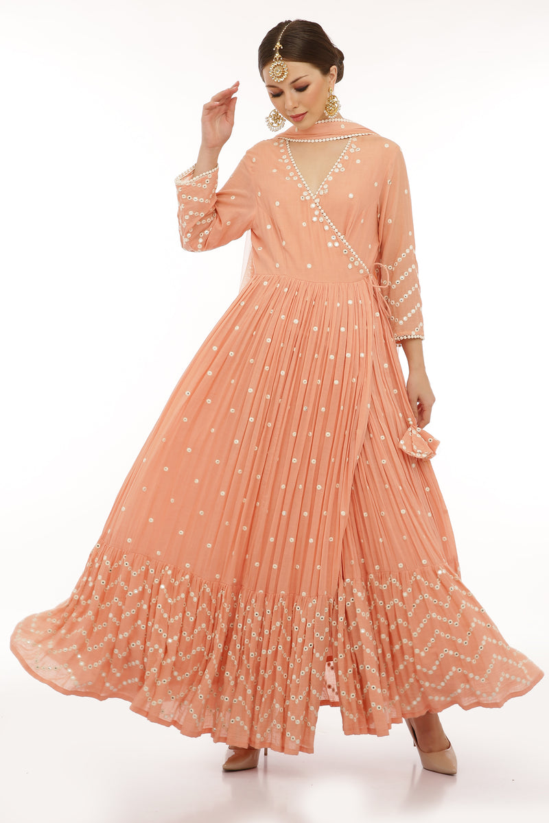 Peach Zig-zag Angrakha with Dupatta