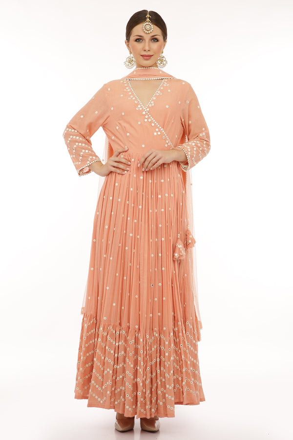 Peach Zig-zag Angrakha with Dupatta